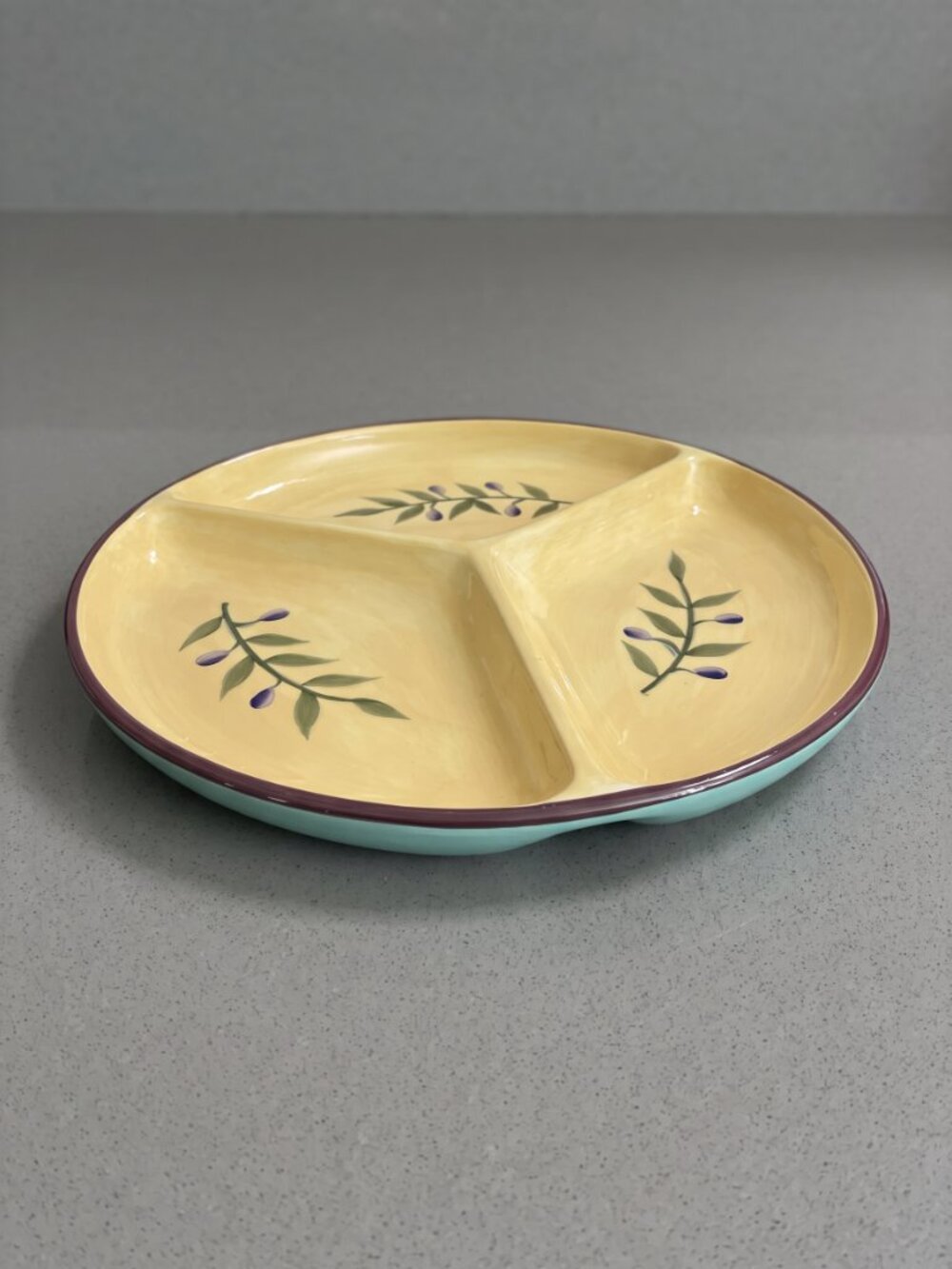 Crate & Barrel Olive Branch Divided Serving Plate 12” Yellow Green Ceramic Platt